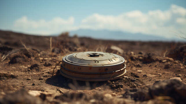 old anti-tank mine buried in the desert sand,Generative AI.
