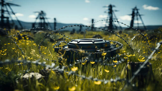 old anti-tank mine buried in the desert sand,Generative AI.