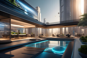 swimming pool in the house in the modern city - obrazy, fototapety, plakaty