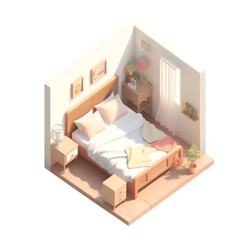 Bedroom isometric view isolated on a white background 3d render