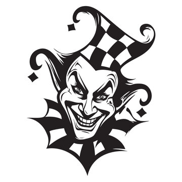 A black icon of the joker, in a white isolated vector illustration, embodies the playful and fun nature of the clown. With its whimsical design and line art. Poker casino style.
