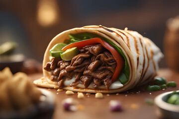 closeup of a  shawarma with dark background.