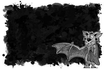 illustration of cartoon bat with black background and copy space