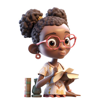 3D Render of an African American Girl with books and eyeglasses