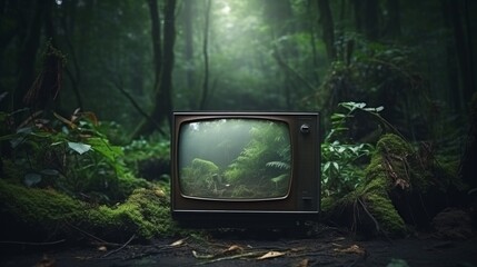 An abandoned old television tv set amidst the serene beauty of a lush forest