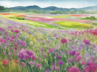 Fototapeta premium field of flowers watercolor