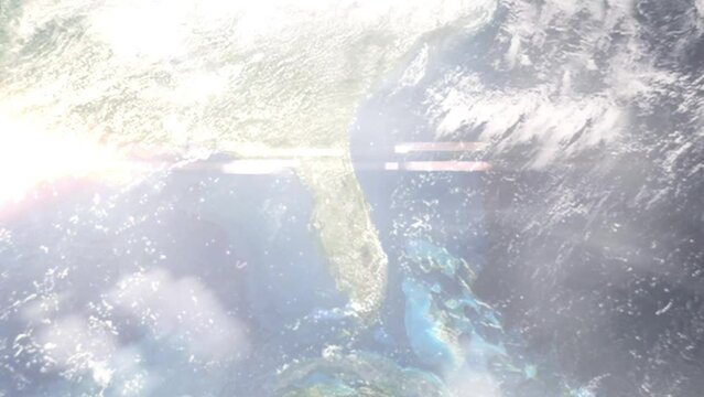 Zoom in from space and focus on Sanford, Florida, USA. 3D Animation. Background for travel intro. Elements of this image furnished by NASA
