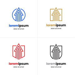 Four linear logo with an arrow pointing up and looking like a house in different geometric shapes. Growth, progress, development symbol.