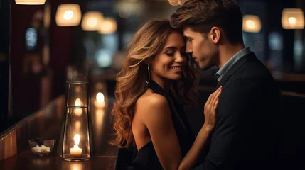 Foto op Canvas Portrait of a young couple in love in a luxury restaurant, date, romantic evening, blurred bokeh background. © MiaStendal