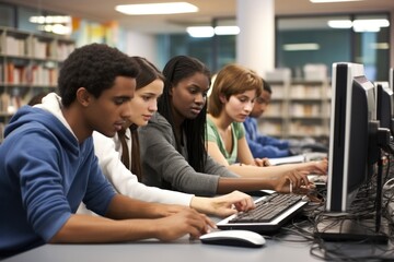 High school friends study. laptop collaboration, teamwork, seminar, diverse students, computer lab.