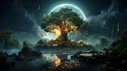 Magical Big Tree at River With Fantasy Illustration Moon in Sky Landscape Background AI Generative