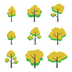 Fototapeta premium Illustration flat green trees set. Nature forest, plant, leaf, leaves in flat style design, isolated on white background. Vector icon