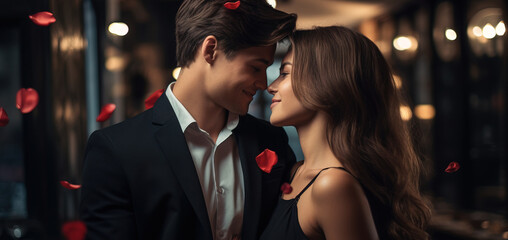 Portrait of a young couple in love in a luxury restaurant, date, romantic evening, blurred bokeh background.