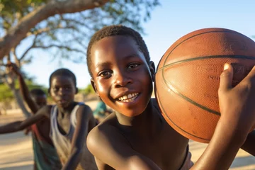 Foto op Canvas African black boys play basketball outdoor in Africa, close-up view © Keitma