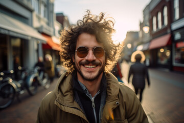 Portrait of European young adult stubble man with curly hair in city street