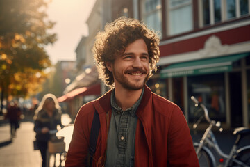 Portrait of European young adult stubble man with curly hair in city street