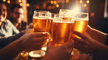 Glass of beer in hand, group of happy friends drinking and toasting beer
