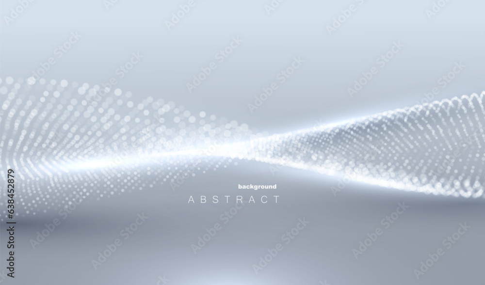Poster wave of white shine particles. abstract technology flow background. trendy mesh pattern or grid land