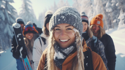 Fototapeta na wymiar Selfie of group of friends with skis on winter holidays
