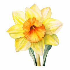 Fototapeta premium Yellow watercolour daffodil narcissus summer flower illustration on white background. Floral blossom concept