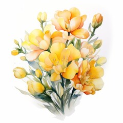 Yellow watercolour freesia summer flower illustration on white background. Floral blossom concept