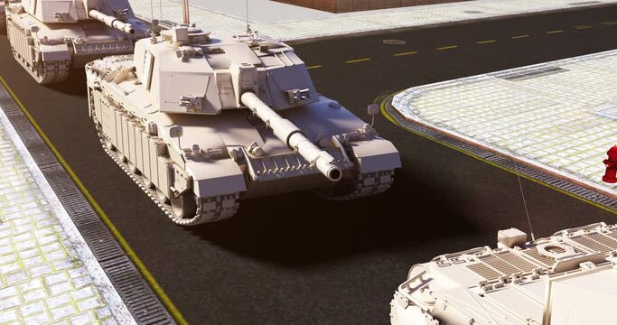 Tanks Clearing the Path Ahead And Slowly Moving Forward In City. War Related 3D Animation.