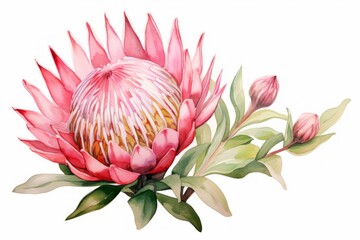 Pink watercolour protea Christmas flower illustration on white background. Floral blossom holiday concept