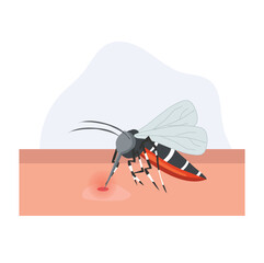 A  cartoon illustration of mosquito on human skin sucking blood.
