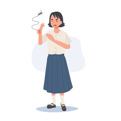 Preventing Zika Virus Spread concept. Thai student girl with Mosquito Bites Scratching Itchy Skin in Summertime.