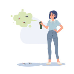  Dengue Fever Prevention concept. Mosquito Protection.   Woman Eliminating Insects with Spray. Flat vector cartoon illustration
