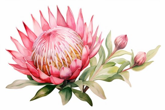 Pink Watercolour Protea Christmas Flower Illustration On White Background. Floral Blossom Holiday Concept