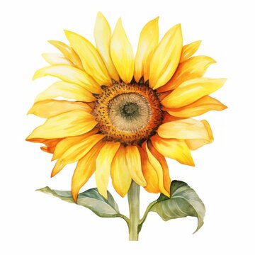 Yellow watercolour sunflower head on white background painting. Floral petal concept