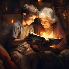 Grandmother and grandson reading magic book together on the couch at christmas time. 