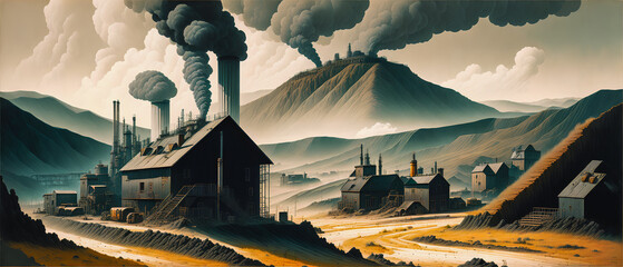 Open-Pit Coal Mine: Environmental Destruction from Chimney Pollution. Generative AI. - obrazy, fototapety, plakaty