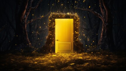 A vibrant yellow glowing door nestled in of a lush forest