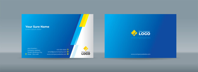 Set of double sided business card templates with modern abstract random transparent yellow, blue bar on blue background