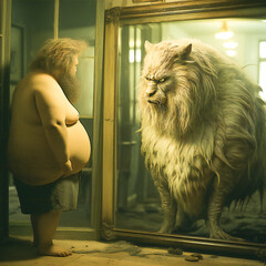 Man with naked Stomac Sees Himself as Beast in Mirror: Weight Loss  or Beauty Concept. 