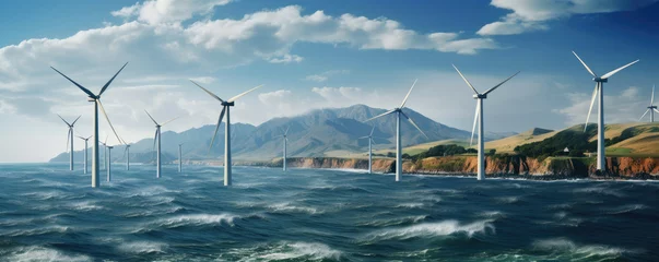 Fotobehang Green energy concept banner design with wind turbines and solar panels on mountain landscape and sea background. Renewable sources of wind energy. Place for text. Generative AI © Dinara