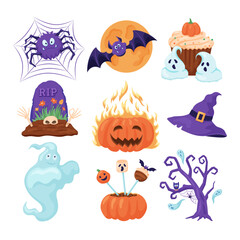 Funny and spooky Halloween symbols vector illustrations set. Collection of drawings of comic spider, bat, ghost, pumpkin, witch hat, cupcake, gravestone. Halloween, holidays, celebration concept