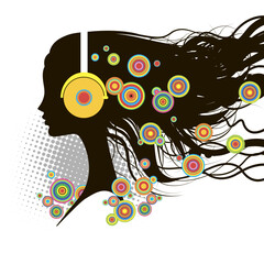 Music lover. Girl in profile listens to beautiful music with headphones. Vector illustration