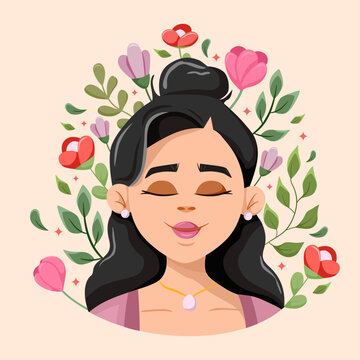 Mental health. Healthy mentality and self care illustration. A happy woman feels confident, relaxes, accepts, loves herself. Beautiful girl with closed eyes and flowers