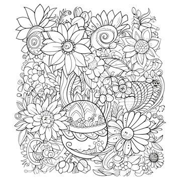 Easter egg coloring book page for adults. Black and white vector illustration.