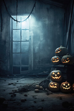 Halloween spooky background, scary pumpkins with smoke in old big creepy Happy Haloween ghosts horror house inside big empty foggy room. Creepy october dark smoky mysterious night backdrop concept.