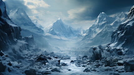Obraz premium A River Rushing Through A Snowy Winter Alps Ravine Winter Trees Falling Snow AI Generative