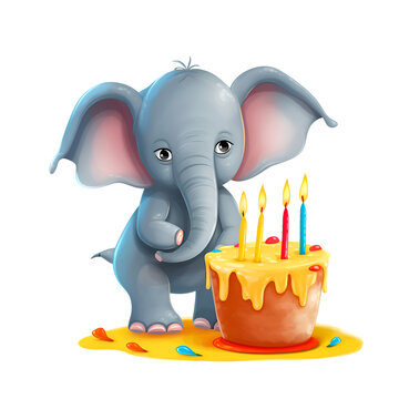 Cartoon happy elephant with birthday cake and candles on a white background