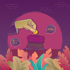 illustration of hand giving money, saving and zakat concept