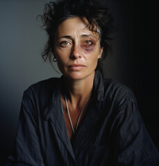 portrait de face d'une femme blessée, avec un œil au beurre noir, fatiguée, triste, déprimée, qui à subit des violences conjugales - obrazy, fototapety, plakaty