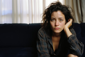 Fototapeta na wymiar jeune femme brune seule, triste assise dans un canapé, regard perdu, déprimé