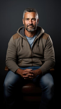 homme de 40-50 ans barbu, assis sur un fauteuil dans un studio photo, portant un sweat &agrave; capuche et un jeans, les mains crois&eacute;es devant lui