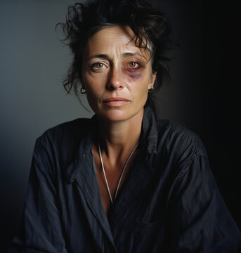 portrait de face d'une femme bless&eacute;e, avec un &oelig;il au beurre noir, fatigu&eacute;e, triste, d&eacute;prim&eacute;e, qui &agrave; subit des violences conjugales